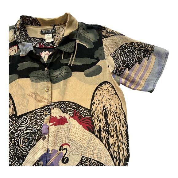VINTAGE CITRON Crane Print Silk Button Down | L | Multicolor | Boho Resort - Picture 3 of 10